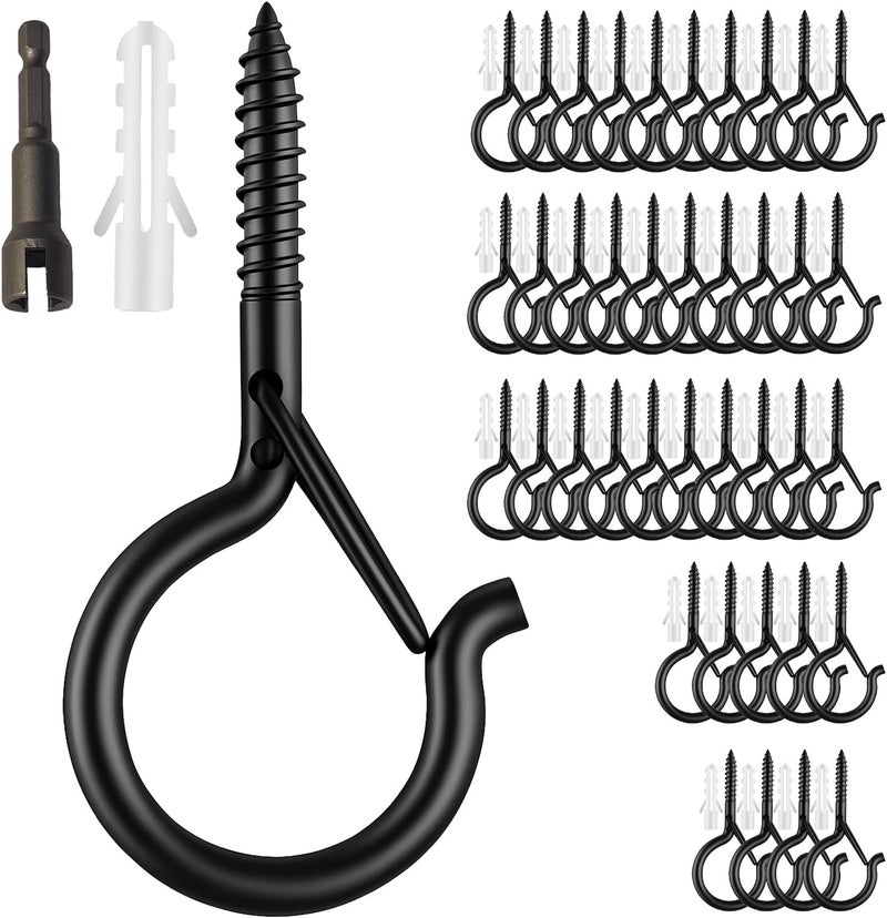 Moneek's Hardware 40 Pack Black Q Hooks for Hanging With Install Tool - Ceiling Hooks, Plant Hangers Outdoor, Safety Buckle, Weatherproof Clips, Screw Eye S, Heavy Duty Hooks for Outdoor String Lights Christmas Hanger - Image 1
